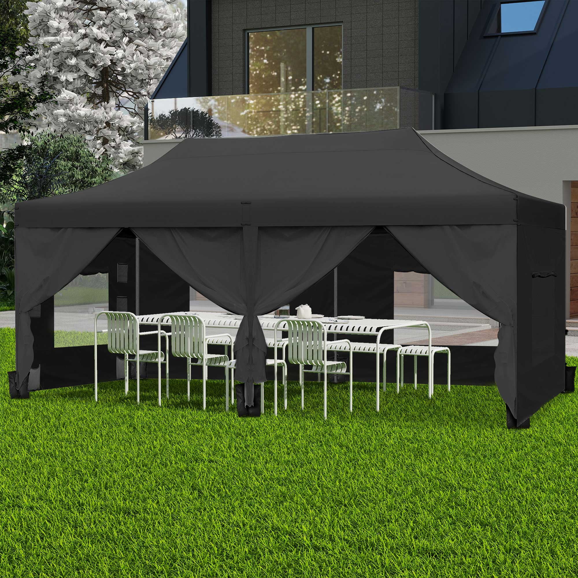 Black 10' x 20' Alloy Steel Outdoor Canopy Tent with Side Walls