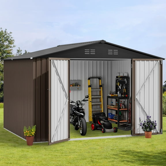 Dextrus 10x8ft Large Outdoor Storage Shed, Heavy Duty Tool Metal Storage Sheds House with Lockable Doors & Air Vent