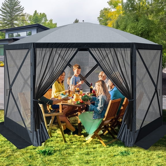 Dextrus 11.5x11.5ft Camping Gazebo, Portable Pop Up Canopy Outdoor Screen Tent 6 Sided with Mesh Windows and Carry Bag for Camping, Picnic, Backyard Party Outside Activities, Gray