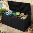 thumbnail image 1 of Dextrus 110 Gallon Waterproof Resin Deck Box, Black Lockable Outdoor Storage Bin, Heavy-Duty 2-Person Bench Seating for Patio Cushions, Garden Tools, Pool Accessories & Outdoor Daily Essentials, 1 of 7