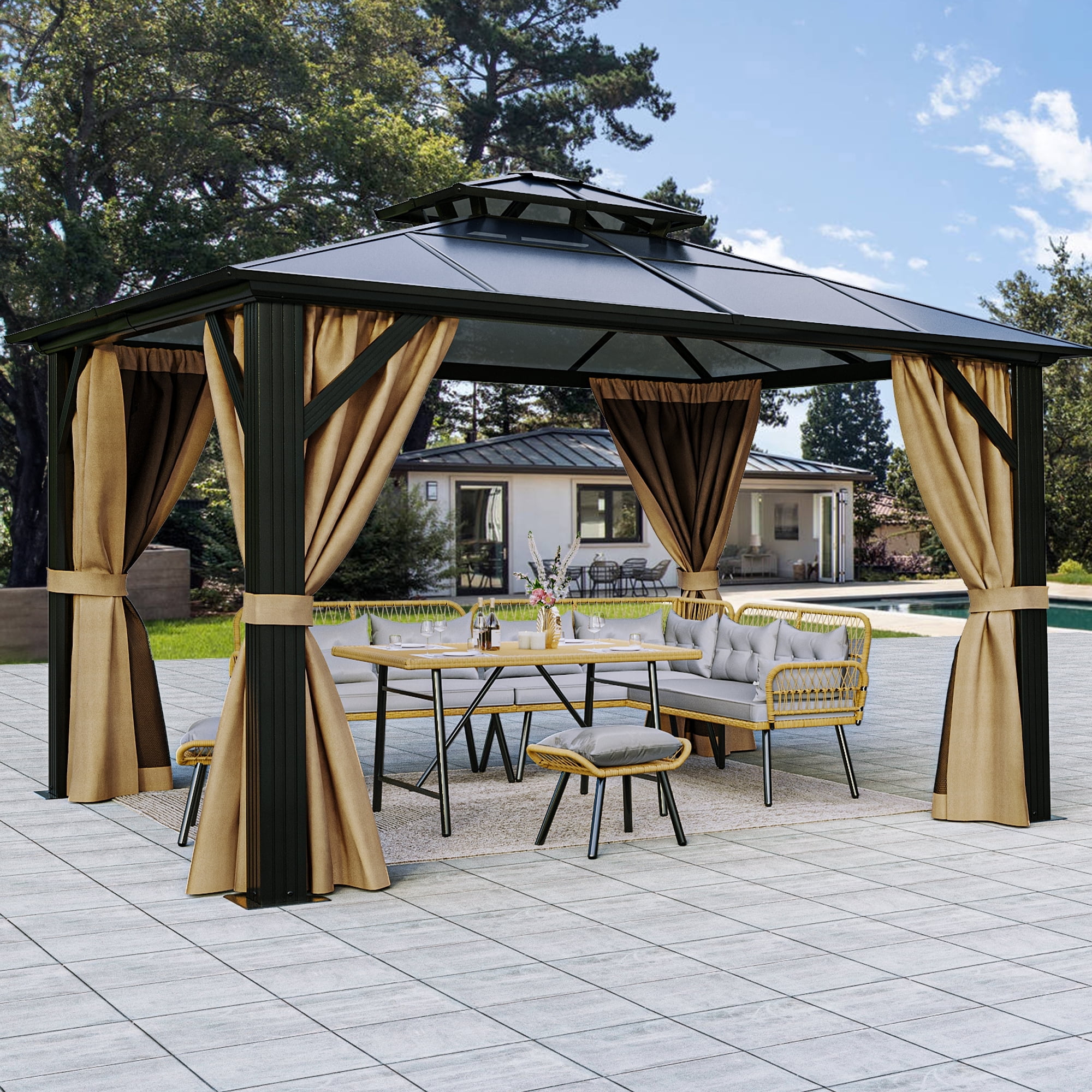 Dextrus 12' x 14' Brown Hard-Top Double Roof Canopy