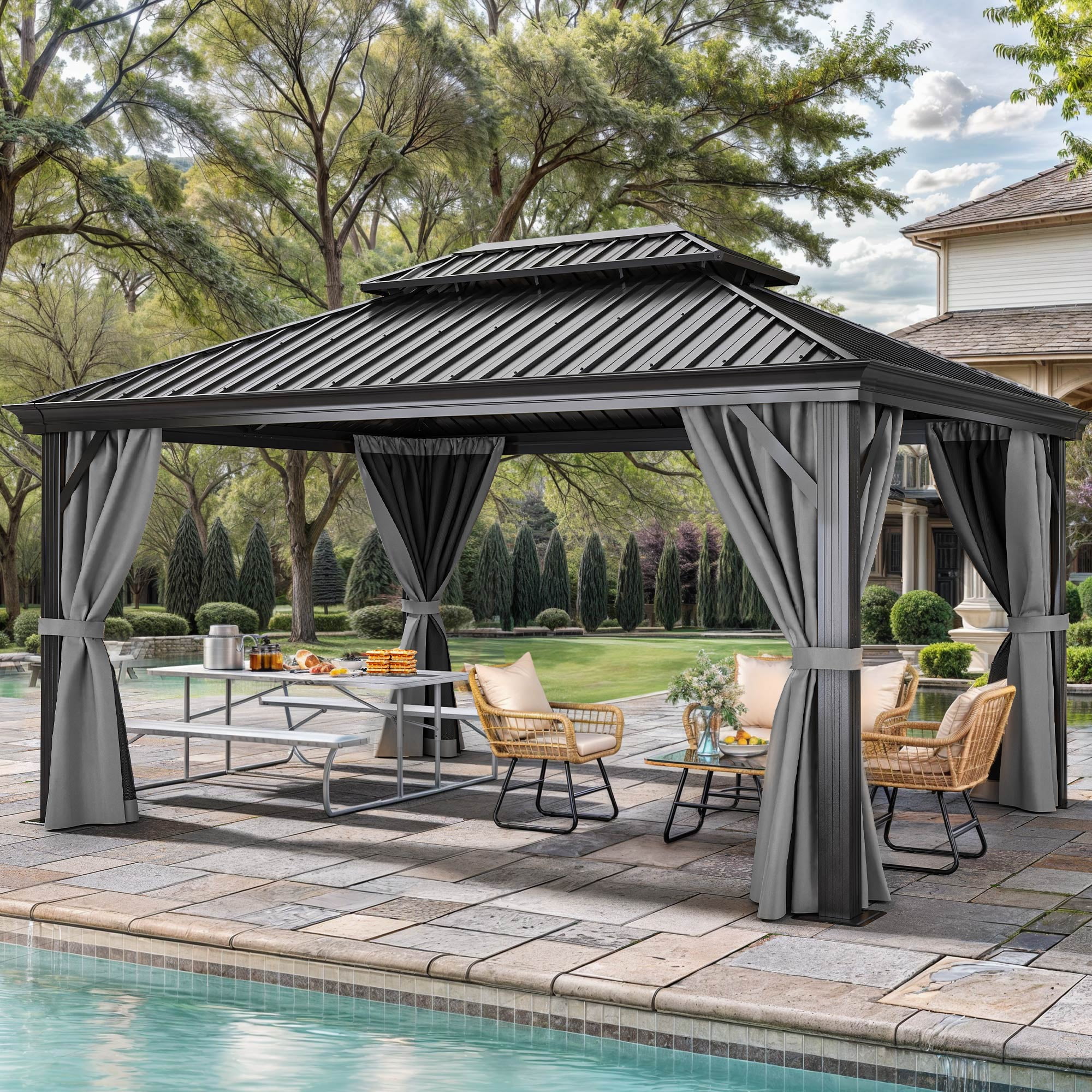 Dextrus 12' x 16' Large Outdoor Hardtop Gazebo with Netting & Curtains, Heavy Duty Double Roof Galvanized Steel Garden Tent for Patio, Backyard, Black&Gray