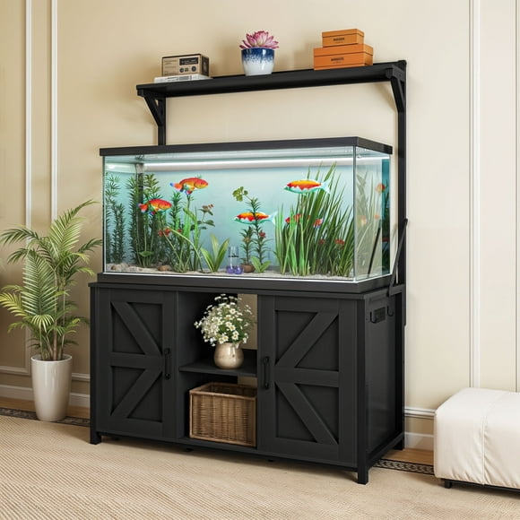 Dextrus 120 gal Metal Fish Tank Stand w Shelf and Cabinet, 1100 lbs Capacity, Power Outlets, Black
