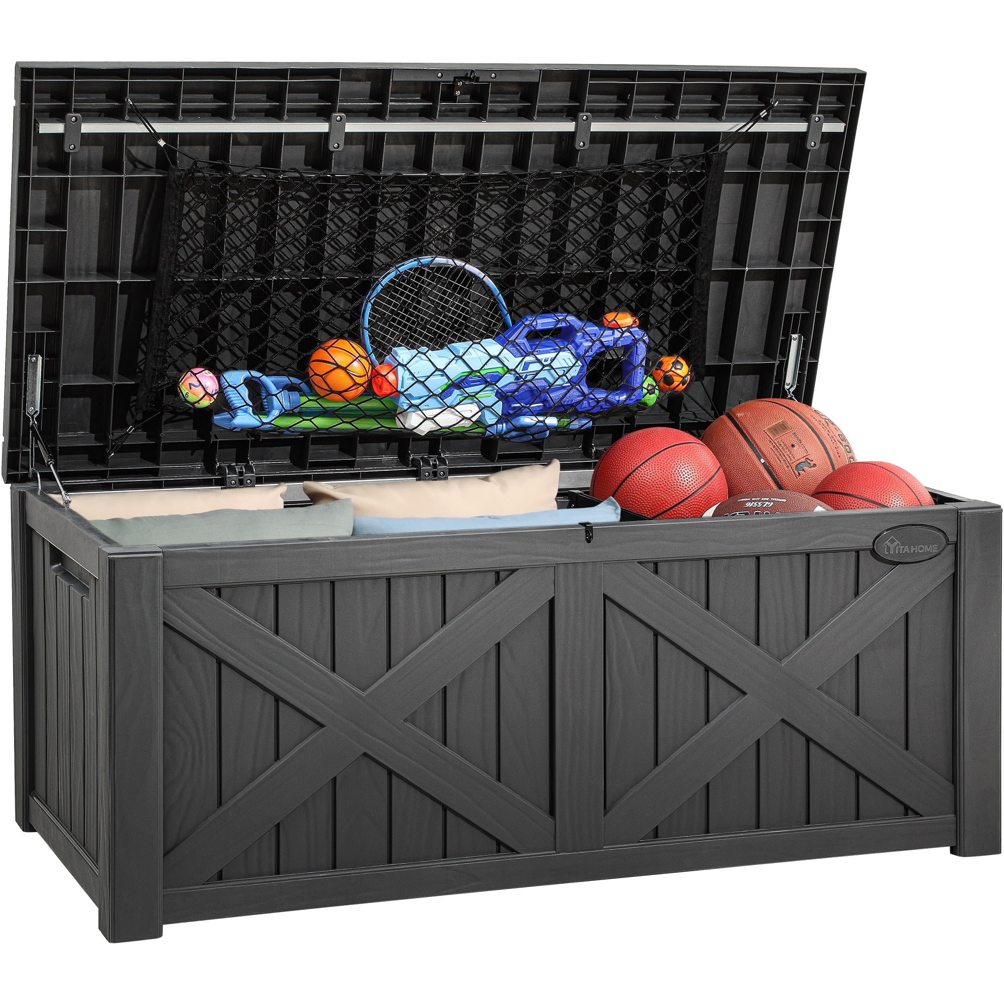 Dextrus 120 Gallon Large Deck Box w/Flexible Divider & Storage Net