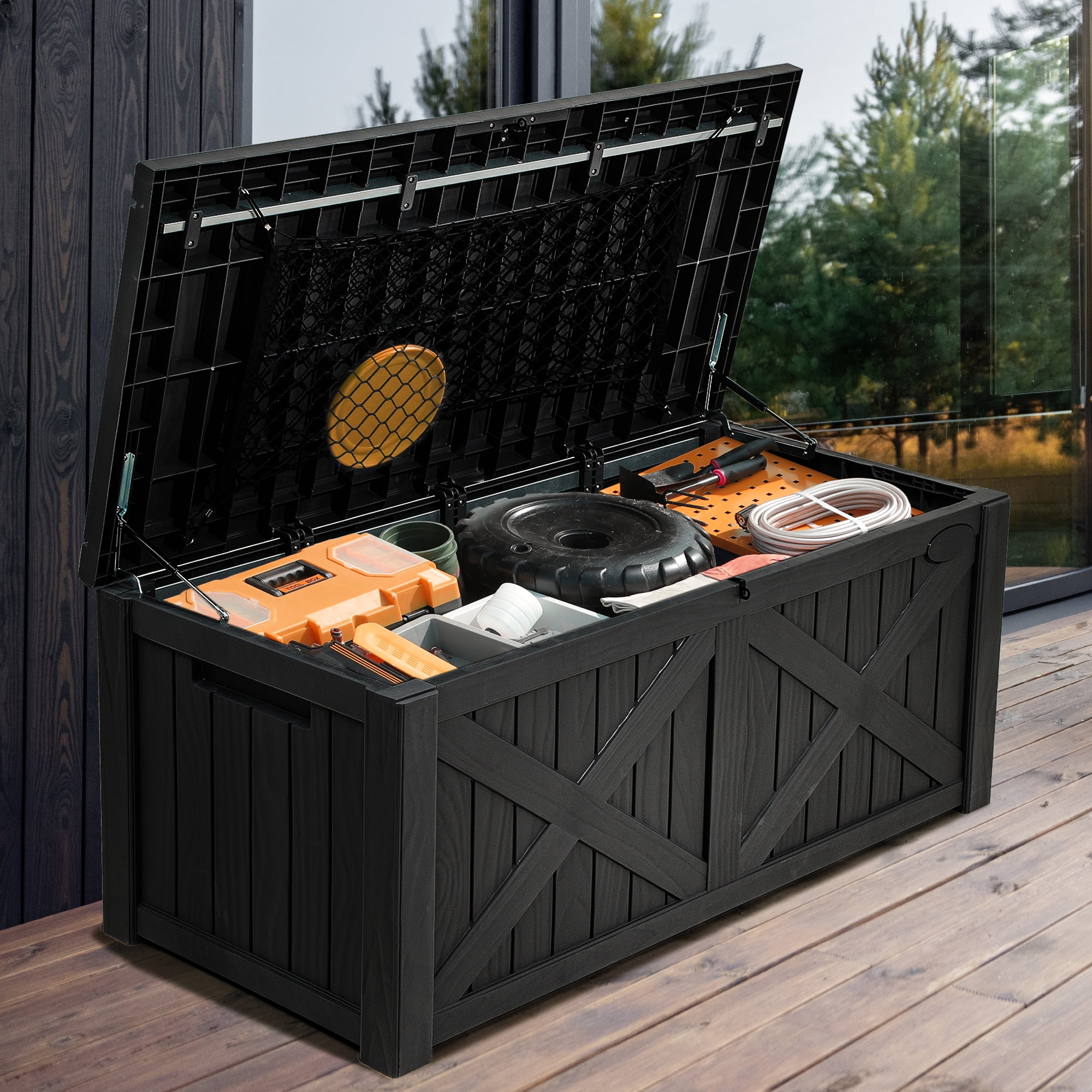 Black Resin Lockable 120 Gallon Deck Box with Storage Net