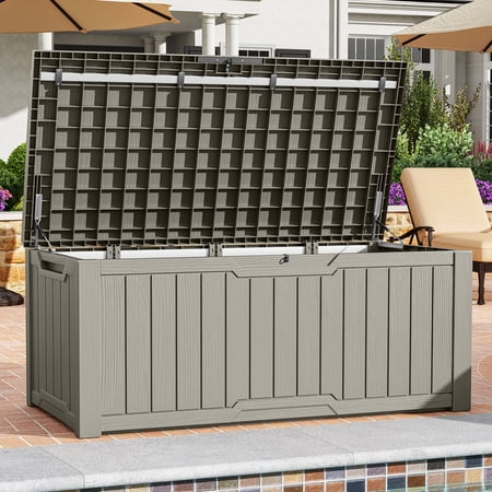 Dextrus 120 Gallon Large Outdoor Patio Deck Box,All-Weather Resin Outdoor Storage Boxes with Cushion,Waterproof&Lockable, Light Brown