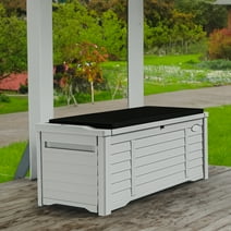 Dextrus 120 Gallon Large Outdoor Patio Deck Box with Black Cushion ,Waterproof Louvered Resin Outdoor Storage Boxes,Lockable, White