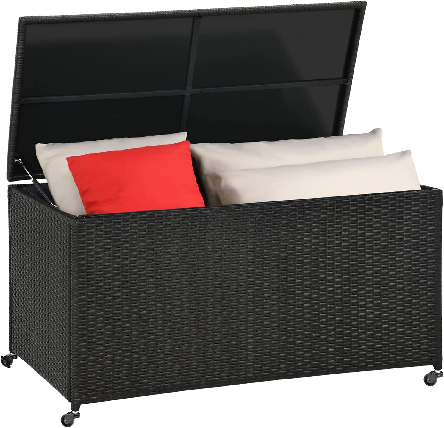 Dextrus 120 Gallon Large Outdoor Storage Box with wheels, Weatherresistant Woven Rattan Deck