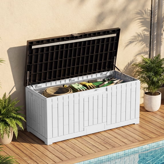 Dextrus 120 Gallon Outdoor Storage Box, Waterproof Resin Deck Box with Slide-Locking Lid, Multi-Purpose Patio Storage Bench for Patio Cushions, Garden Tools and Pool Accessories, White