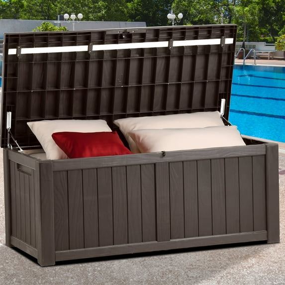 Dextrus 120 Gallon Outdoor Storage Deck Box, Large Resin Patio Storage for Outdoor Pillows, Garden Tools and Pool Supplies, Waterproof, Lockable (Dark Brwon)