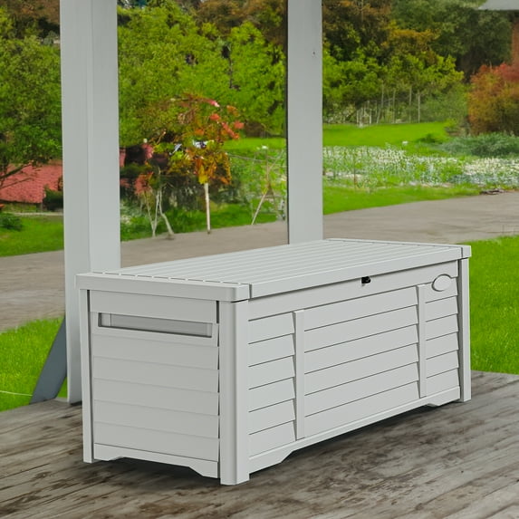 Dextrus 120 Gallon Outdoor Waterproof Resin Deck Box, White, Storage & Seating Function