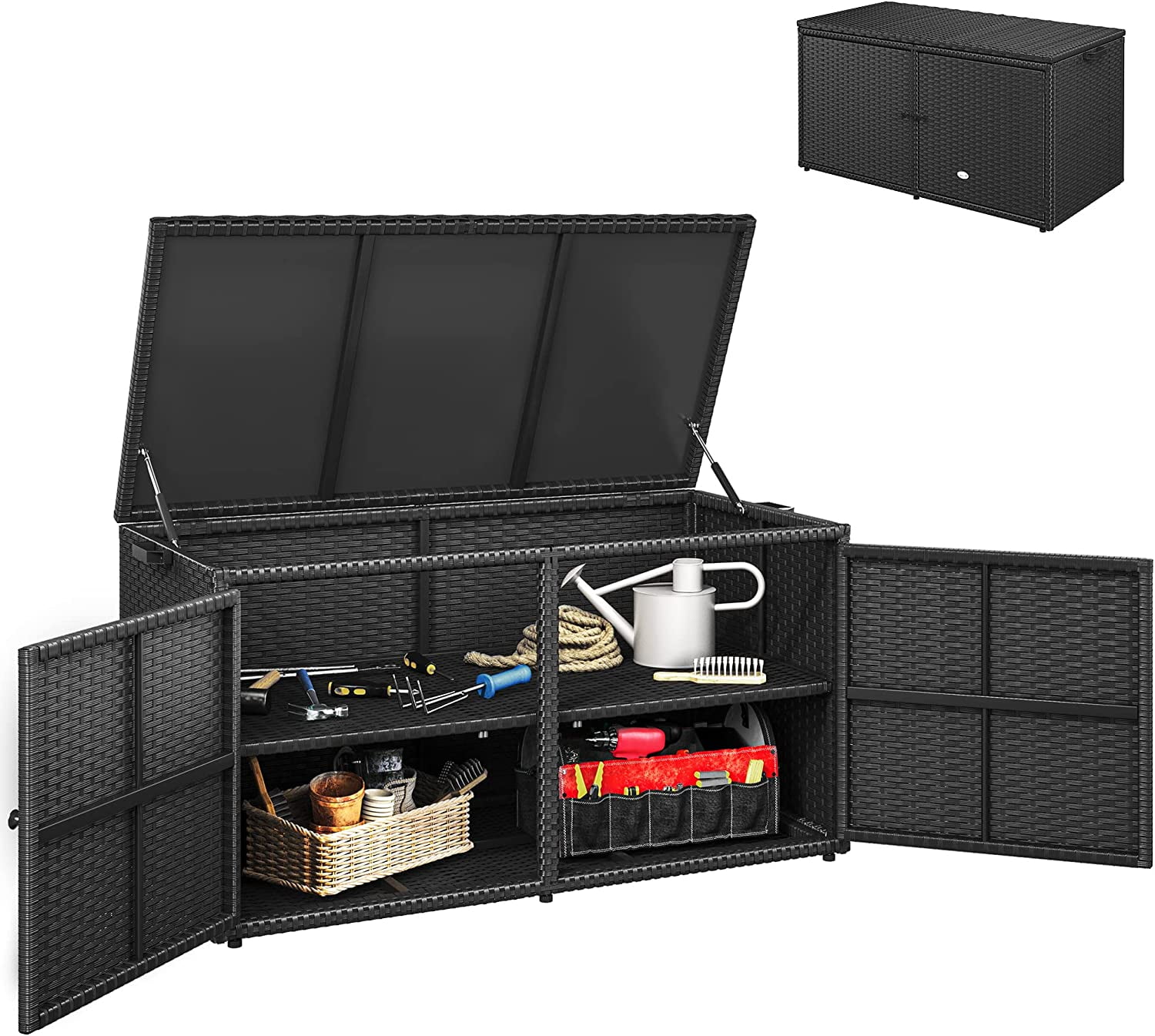 Dextrus 120 Gallon Outdoor Wicker Storage Box, Large Rattan Deck Box Double Openable Door with