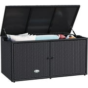 Dextrus 120 Gallon Outdoor Wicker Storage Box, Large Rattan Deck Box Double Openable Door with Lid and Separate Storage Shelf for Patio, Cushions, Garden Tools, Pools & Sports Equipment (Black)