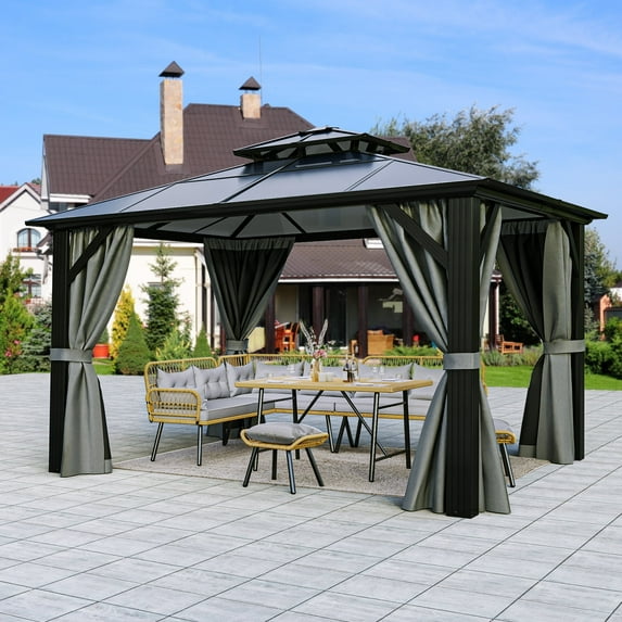 Dextrus 12' x 14' Double Roof Hardtop Gazebo, Aluminum Frame with Netting & Curtains