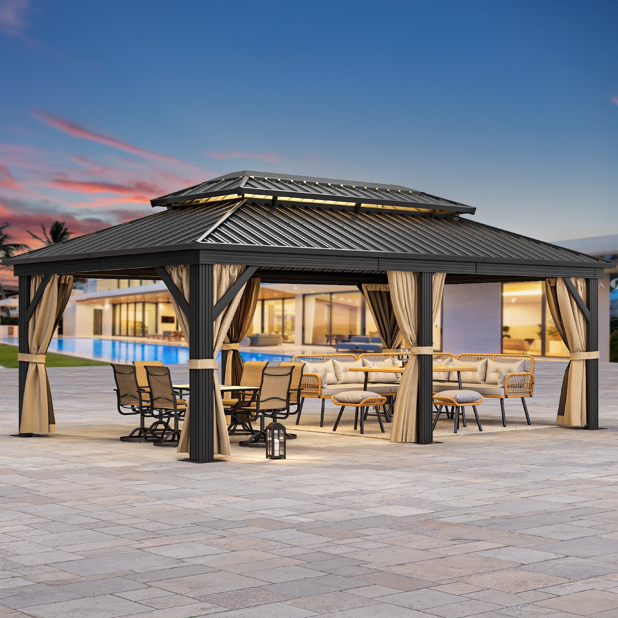 Dextrus 12ft x20ft Double Roof Hardtop Gazebo with Netting&Curtains, Outdoor Aluminum Gazebo with Heavy Duty Galvanized Steel,Ideal for Patio Lawn and Garden,Brown Curtain