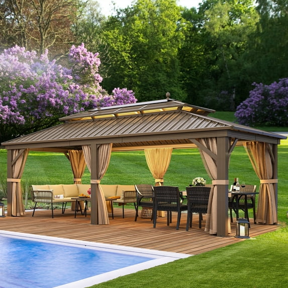 Dextrus 12ft x20ft Double Roof Hardtop Gazebo with Netting&Curtains, Outdoor Gazebo with Heavy Duty Galvanized Steel,Ideal for Patio Lawn and Garden,Bronze Curtain