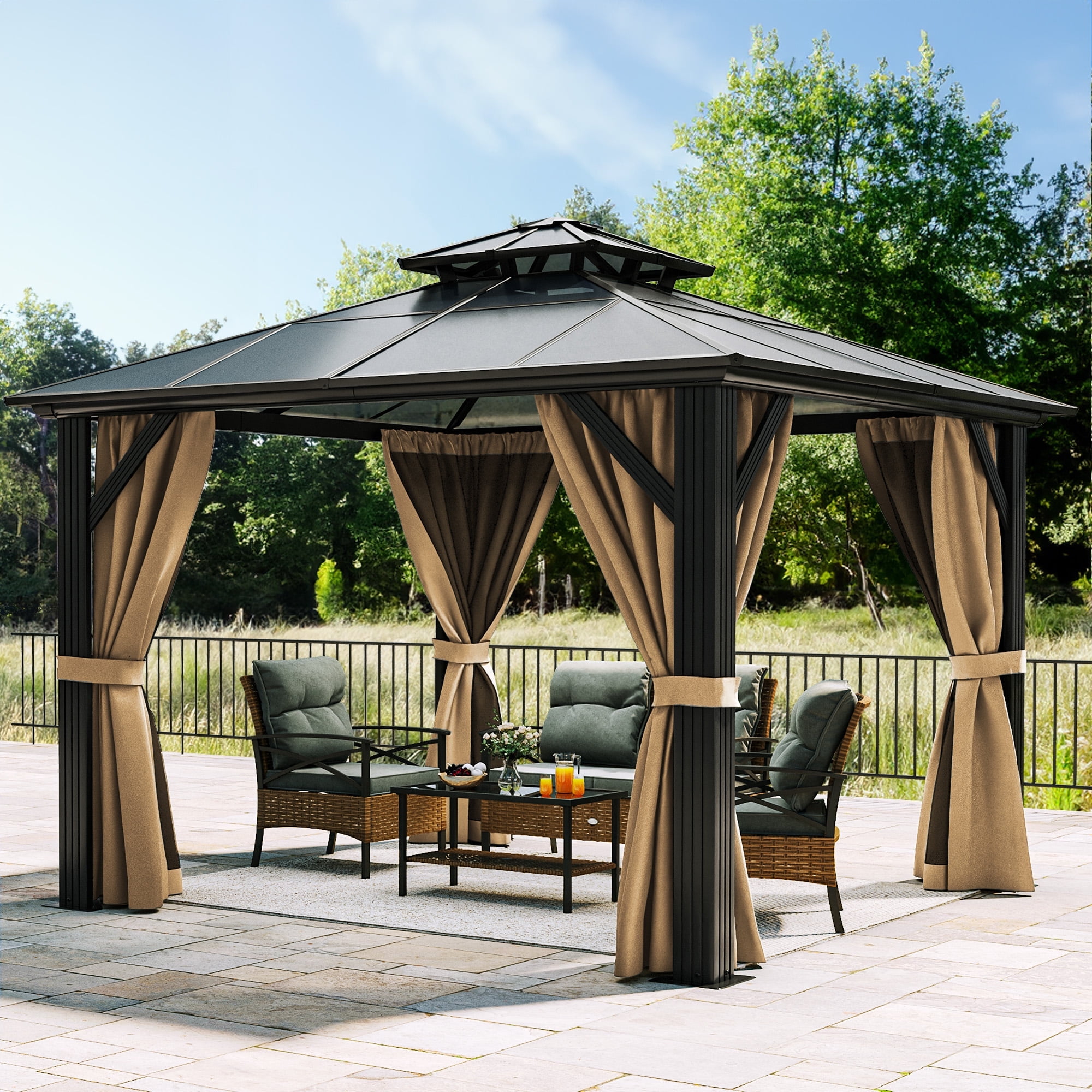 Dextrus 12x12FT Gazebo HardTop Double Roof Canopy Outdoor with Netting