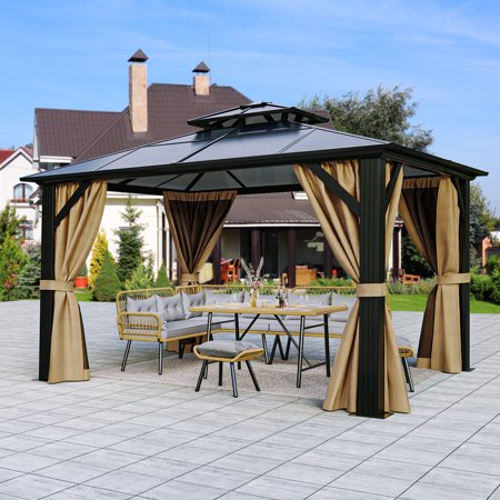 Dextrus 12x14FT Gazebo Hard-Top Double Roof Canopy Outdoor with Netting and Shaded Curtains, Aluminum Frame Polycarbonate Hardtop Garden Tent for Patio, Backyard, Deck and Lawns, Brown