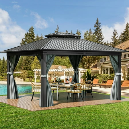 Dextrus 12x14ft Hardtop Gazebo with Nettings and Curtains, Heavy Duty Double Roof Galvanized Steel Outdoor Combined of Vertical Stripes Roof for Patio, Backyard, Deck, Lawns, Gray