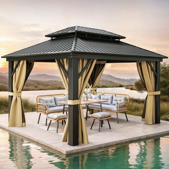 Dextrus 12x14ft Outdoor Hardtop Gazebo with Netting & Brown Curtains,Double Roof Outdoor Galvanized Iron Aluminum Frame Garden Tent for Patio, Backyard, Black&Brown