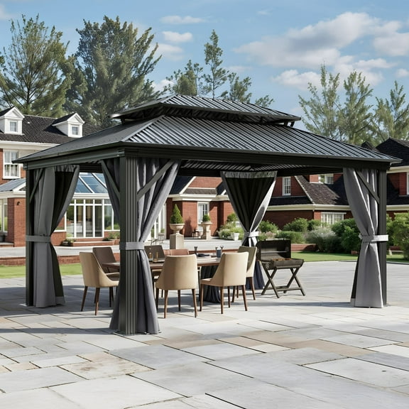 Dextrus 12x16 FT Outdoor Double Roof Hardtop Gazebo,Heavy Duty Galvanized Steel Patio Gazebo with Netting & Gray Curtains, Sunshade for Garden, Patio, Lawns, Black&Gray