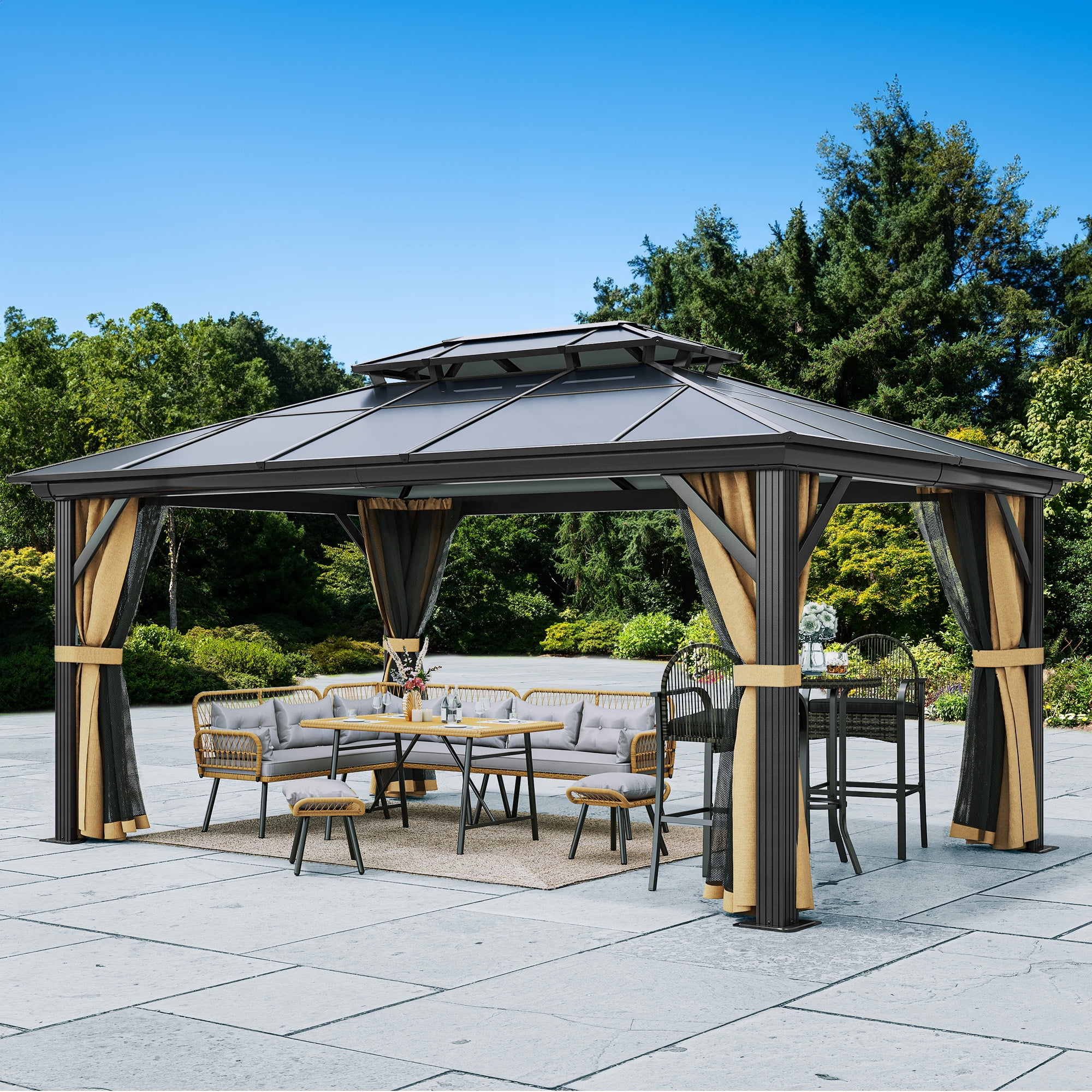 Dextrus Dextrus 12x16FT Gazebo Hard-Top Double Roof Canopy Outdoor with Netting and Shaded Curtains, Aluminum Frame Hardtop Garden Tent for Patio, Backyard, Deck and Lawns