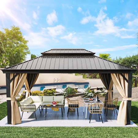 Dextrus 12x16ft Hardtop Gazebo Double Roof with Nettings and Curtains, Heavy Duty Galvanized Steel Outdoor Vertical Stripes Roof for Patio, Backyard, Deck, Lawns, Brown