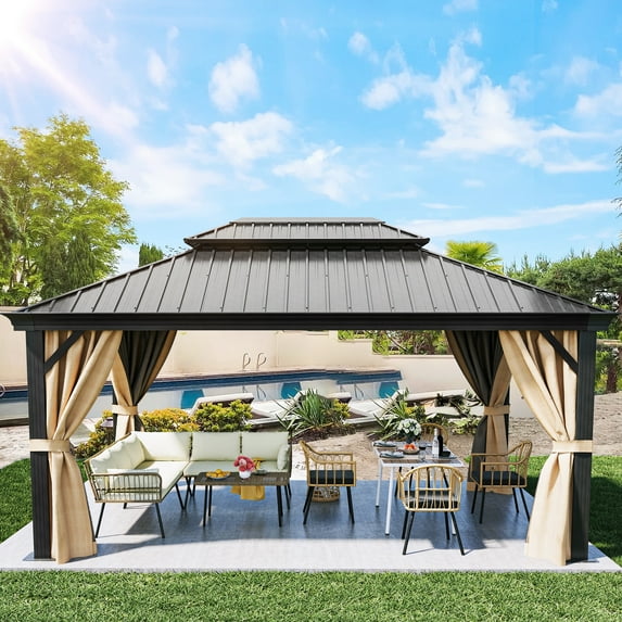 Dextrus 12x16ft Hardtop Gazebo Double Roof with Nettings and Curtains, Heavy Duty Galvanized Steel Outdoor Vertical Stripes Roof for Patio, Backyard, Deck, Lawns, Brown