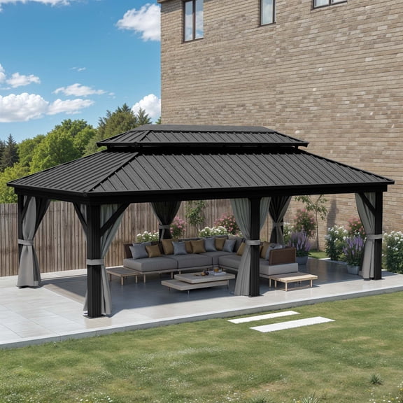 Dextrus 12x18ft Large Double Roof Hardtop Gazebo with Nettings & Gray Curtains,Heavy Duty Double Roof Galvanized Iron Aluminum Canopy,Sunshade for Garden, Patio, Lawns, Black&Gray
