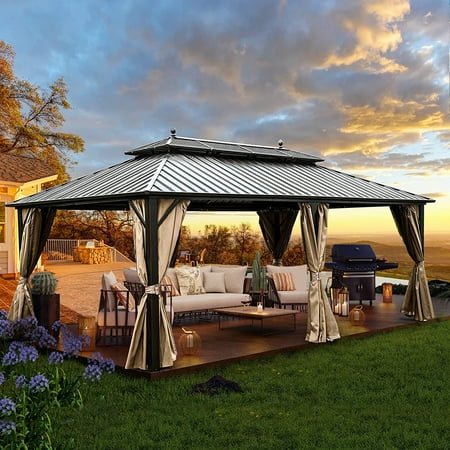 Dextrus 12x20 ft Hardtop Gazebo with Nettings and Curtains, Outdoor Heavy Duty Aluminum Gazebo Combined of Horizontal and Vertical Stripes Roof for Patio, Backyard, Deck, Lawns and Balcony (Bronze)