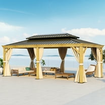 Dextrus 12x20ft Hardtop Gazebo with Nettings and Curtains, Wood Grain Heavy Duty Double Roof Galvanized Steel Outdoor Combined of Vertical Stripes Roof for Patio, Backyard, Deck, Lawns, Brown