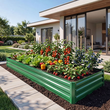 Dextrus 12x4x1ft Galvanized Metal Raised Garden Bed with Gloves, Stakes & Support Rod for Outdoor Vegetables Flowers, Green