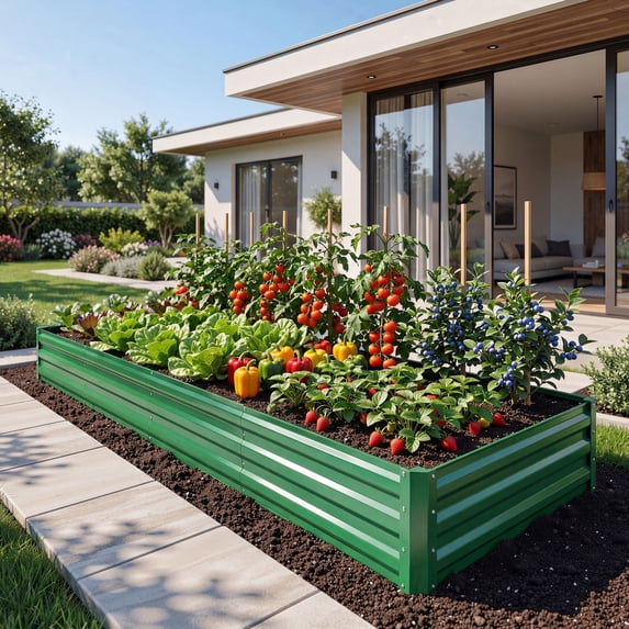 Dextrus 12x4x1ft Galvanized Metal Raised Garden Bed with Gloves, Stakes & Support Rod for Outdoor Vegetables Flowers, Green