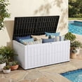 thumbnail image 1 of Dextrus 134 Gallon Large Resin Deck Box, Black & Grayish-White Waterproof Outdoor Storage Box, Lockable Patio Container with 2-Person Bench Seating for Cushions, Garden Tools and Pool Accessories, 1 of 7