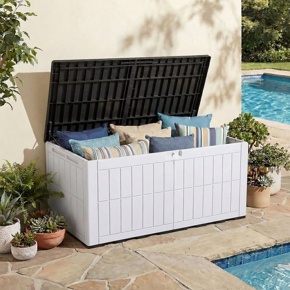 Dextrus 134 Gallon Large Resin Deck Box, Black & Grayish-White Waterproof Outdoor Storage Box, Lockable Patio Container with 2-Person Bench Seating for Cushions, Garden Tools and Pool Accessories