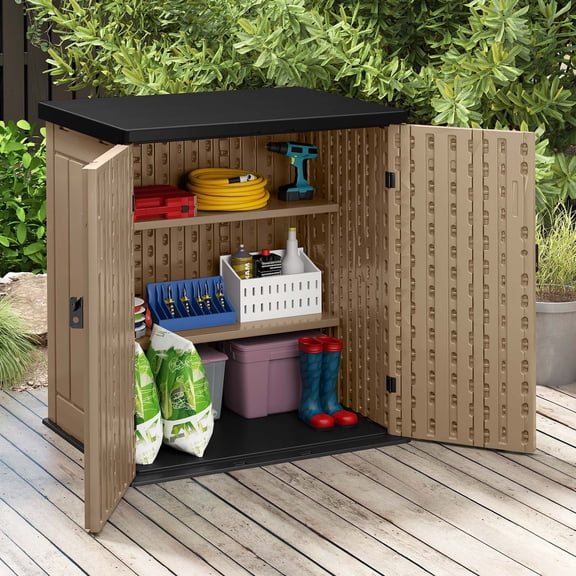 Dextrus 15 cu. ft. Lockable Resin Storage Cabinet, Horizontal Outdoor Tool Shed with 2 Shelves for Patio Garden Yard, Brown+Black