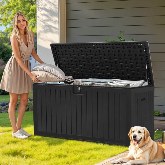 Dextrus 150 Gallon Double-Wall Deck Box, Black Waterproof Lockable Resin Storage Box, Heavy-Duty XL Patio Organizer, Multi-Use as Extra Seating for Cushions, Garden Tools & Pool Essentials