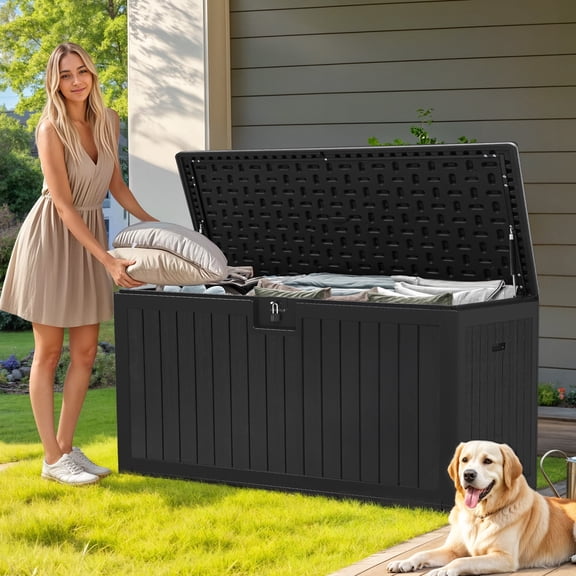 Dextrus 150 Gallon Double-Wall Deck Box, Black Waterproof Lockable Resin Storage Box, Heavy-Duty XL Patio Organizer, Multi-Use as Extra Seating for Cushions, Garden Tools & Pool Essentials