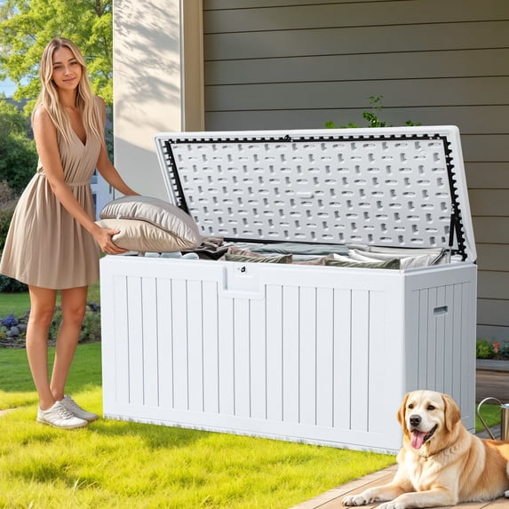Dextrus 150 Gallon Double-Wall Deck Box, Grayish-White Waterproof Lockable Resin Storage Box, Heavy-Duty XL Patio Organizer, Multi-Use as Extra Seating for Cushions, Garden Tools & Pool Essentials