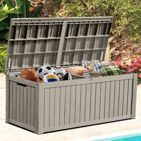 Dextrus 150 Gallon Large Outdoor Resin Deck Box,with Built-in Divider, Waterproof, Lockable,Brown