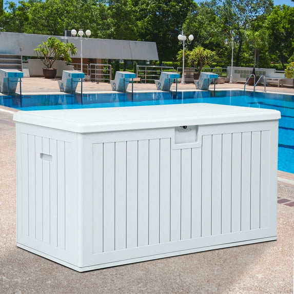 Dextrus 150-Gallon Resin Deck Box, Waterproof, Lockable Outdoor Storage, White, Large Patio & Garden Organizer