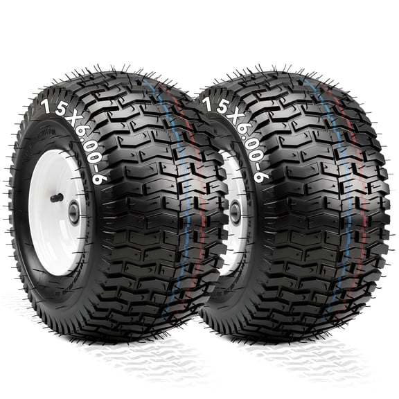 Dextrus 15x6.00-6 Flat Free 4 Ply Lawn Mower Tire Wheel Set of 2, 3" Centered Hub 3/4" Bearings Replacement for John Deere Riding Tractors