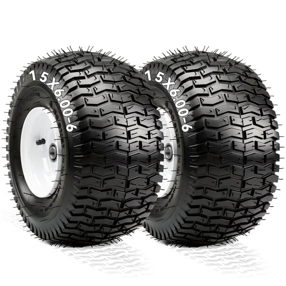 Dextrus 15x6.00-6 Lawn Mower Tire & Wheel Assembly, 4 Ply Replacement Front Tires, 570 LBS Load Capacity, 3" Centered Hub 3/4" Bearings, Fits John Deere Riding Lawn Tractors, Set of 2