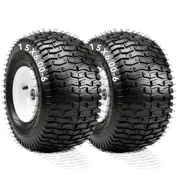 Dextrus 15x6.00-6 Lawn Mower Tire & Wheel Assembly, 4 Ply Pneumatic Replacement Front Tires, 570 LBS Load Capacity, 3" Centered Hub 3/4" Bearings, Fits John Deere Riding Lawn Tractors, Set of 2