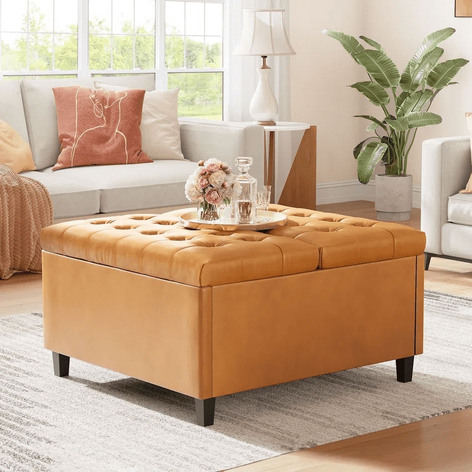 Dextrus 16.14''H Coffee Table Square Storage Ottoman, Brown Faux Leather, Living Room