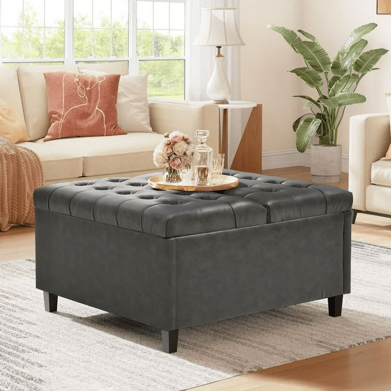 Dextrus 16.14 H Coffee Table Square Storage Ottoman Dark Gray Faux Leather