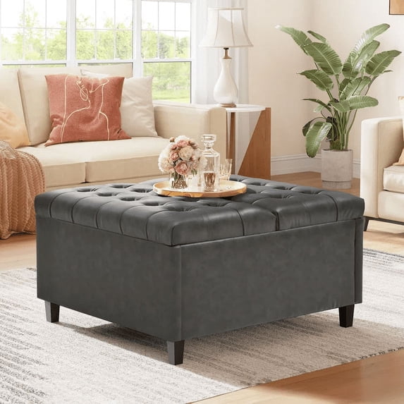 Dextrus 16.14'' H Coffee Table Square Storage Ottoman, Dark Gray Faux Leather