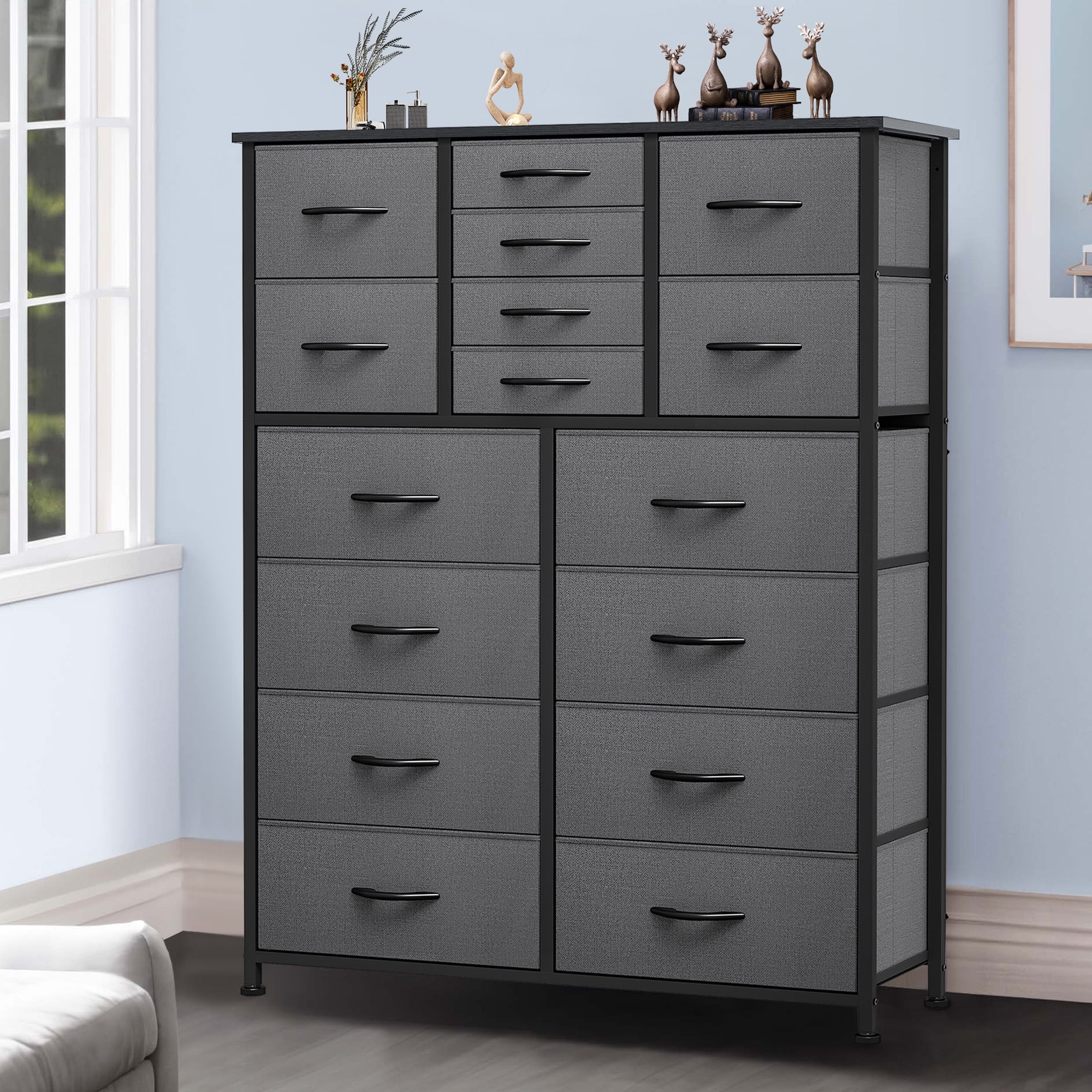 Dextrus 16 Drawer Dresser, Tall Fabric Bedroom Dresser, Large Chest