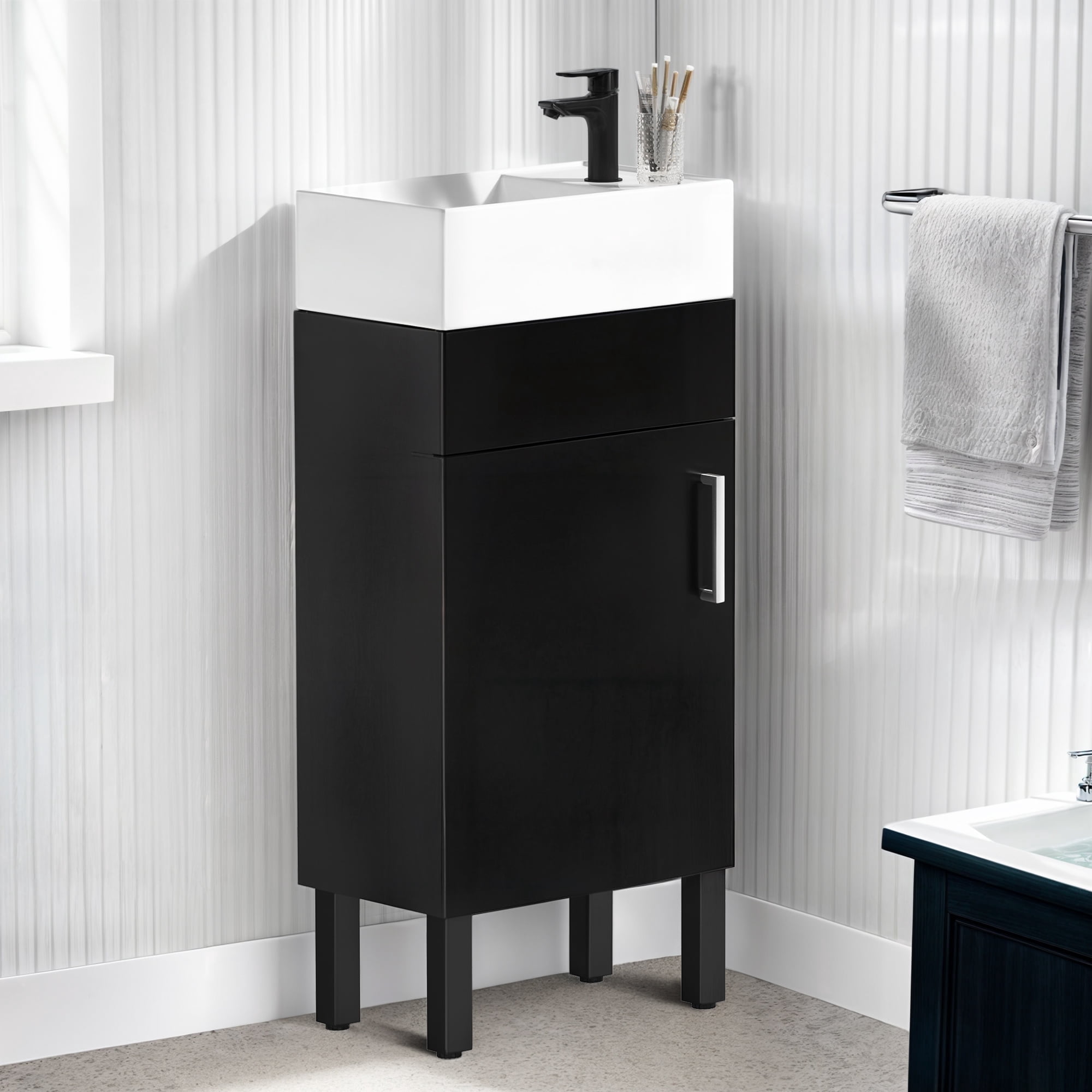 Dextrus 16 Inch Small Bathroom Vanity with Undermount Sink , Free Standing Bathroom Storage Cabinet with Drain & Door for Small Space , Black