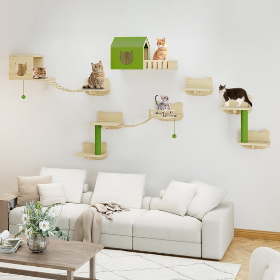 Dextrus 16-Piece Wall-Mounted Cat Furniture Set with Green Bridge Ladder, 2 Sisal Posts & Cat-Shaped Steps – Solid Pine Wood for Large Cats